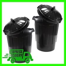 Image of 2 X Heavy Duty Shatterproof 80 Litre Black Rubbish Waste Bin With Strong Lid