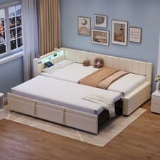 Image of Daybed with Pull Out Trundle, 3ft Upholstered Single Bed Frame with LED, Beige