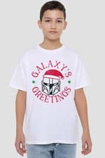 Image of Star Wars The Mandalorian Christmas Galaxy'S Greetings Kids T-Shirt White