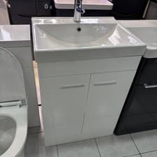 Image of Bathroom Cabinet Vanity Unit Sink Basin Storage White Gloss Ceramic 60cm 2 door