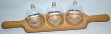 Image of LSA INTERNATIONAL GLASS DOME TRIO & OAK PADDLE TABLEWARE FOOD SERVING SET NEW