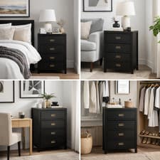 Image of Walker Edison Tallboy Chest of Drawers 4 Storage Drawer Cabinet Black Solid Wood