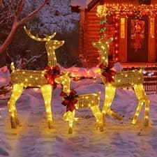 Image of 3-Pc Lighted Christmas Reindeer Set Outdoor Decor 200 LED Warm White Lights Gold