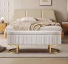 Image of Beige Storage Bench with Lid | Upholstered Bed End Ottoman Footstool Seat