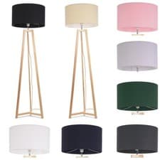 Image of Natural Wooden Tripod Floor Lamp Fabric Drum Lampshade Free Standing Light