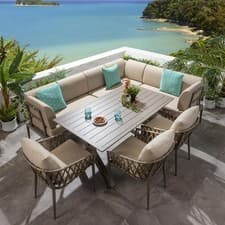 Image of 8-Seater Aluminium Garden Dining Set Outdoor Bench Table & Chairs in Beige L4