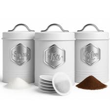 Image of HEFTMAN Kitchen Storage Canister Tea Coffee Sugar Air Tight Retro Set of 3 White