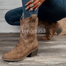 Image of Women's Embroidery Cowgirl Cowboy Boots Ladies Mid Wide Western Shoes UK