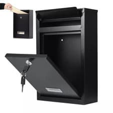 Image of Large Black Lockable Post Box Outdoor Wall Mounted Letterbox with Keys UK Seller