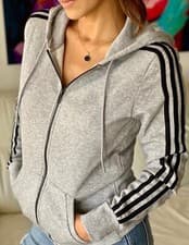 Image of Adidas Girl Essentials Cotton Fleece 3-Stripe GrayFull Zip Hoodie Size: XS