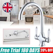 Image of Modern Kitchen Sink Mixer Taps Swivel Spout Dual Lever Tap Mono Chrome Faucet UK