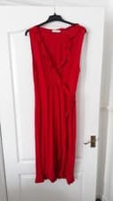 Image of New Ladies Oasis V Neck Frilled Front  & Hem Sleeveless Red Midi Dress Size 16.