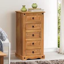 Image of Corona Chest of Drawers 5 Drawer Narrow Mexican Solid Wood Pine Wooden Mercers