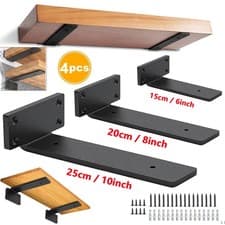 Image of 4 Heavy Duty Black Steel Shelf Brackets, 6/8" Floating Shelf Supports 15/20/25cm