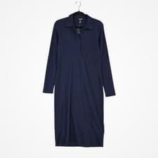 Image of Lauren Ralph Lauren Polo Midi Dress Women Large Navy Blue Ribbed Long Sleeve NWT