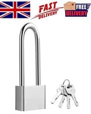 Image of Stainless Steel Long Shackle Padlocks with 4 Keys Outdoor Shed Weatherproof UK