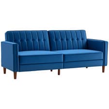 Image of HOMCOM Convertible Sofa Futon Velvet-Touch Tufted Couch Sofa Bed Blue