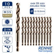 Image of Box Of 10 x HEX Shank HSS Gold Cobalt Jobber Drill Bits - For Hard Steels Etc