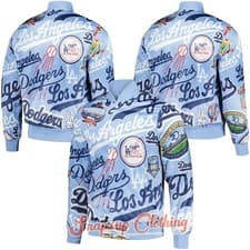 Image of Men's Dodgers Baby Blue Allover Print Sublimated Retro Bomber FansVarsity Jacket