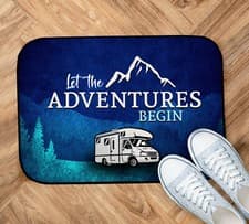 Image of Camper van door Mat - Navy Blue Adventures Begin Green custom Mat 44cm x 32cm