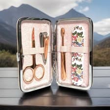 Image of Pink Gold Plate Stainless Steel Floral 4 pc Manicure Purse GORGEOUS!!! BRAND NEW