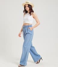 Image of Tall Women Linen Wide Leg Trousers High Waist Blue