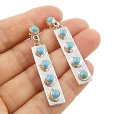 Image of 925 Sterling Silver Rectangle Earrings Bezel Set Turquoise Beads Dangling Drops