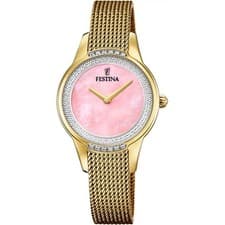 Image of FESTINA F20495/2 Ladies Gold Tone Case/Bracelet Pink Dial Quartz 2 Year Warranty