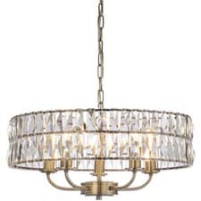 Image of Multi Arm Hanging Ceiling Pendant Light - Antique Brass & Crystal Glass - 5x E14