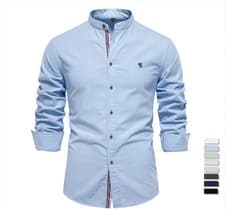 Image of Men's Cotton Stand Collar Brand Shirt | Solid Color Long Sleeve Casual Top