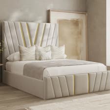 Image of Golden Panel Bed Frame Plush Velvet Upholstered Ottoman Gas Lift Storage Double