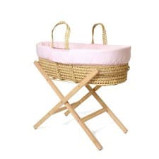 Image of Clair de Lune  striped palm Moses Basket with Folding Stand & Mattress Pink