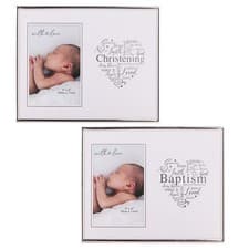 Image of Silver Photo Frame 4'x6' Picture with Heart Script Baptism or Christening