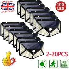 Image of Solar Powered 100 LED Wall Light PIR Motion Sensor Garden Security Fence Lamp UK