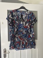 Image of Mint Velvet Blouse Top Size Large Blue Red White Abstract Layers Frill Summer 