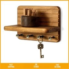 Image of Elegant Wooden Key Holder Wall Mount with Floating Shelf and 4 Hooks 7-Inch