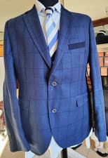 Image of Blue Windowpane Check Wool & Linen Jacket Blazer Size 42 by Gibson BNWT
