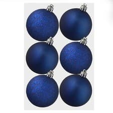 Image of Christmas Decoration 6 Pack 80mm Glitter / Plain Baubles - Midnight Blue