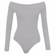 Image of WOMENS OFF SHOULDER LONG SLEEVE PLAIN STRETCH BARDOT BODYSUIT LEOTARD UK 8-26