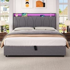 Image of 4ft6 Double Upholstered Ottoman Bed Frame with Storage, LED Lights & Charging