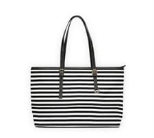 Image of Black White Stripe Shoulder Bag | PU Leather Tote, Nautical Striped Handbag