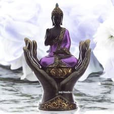 Image of Thai Buddha In Hands Meditating Sculpture Ornament Purple Gold Figurine Statue