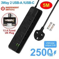 Image of Surge Protected Extension Lead With 6 USB USB C 3 Gang Way Power Cable UK Plug