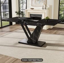 Image of Multifunctional Black Marble Dining Table Extendable With Internal Insert Panels