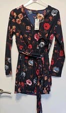 Image of BNWT BOOHOO  BLACK FLORAL WRAP FRONT BELTED LONG SLEEVE SHORT MINI DRESS UK 8
