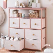 Image of Tall Pink Chest of Drawers Fabric Storage Unit 7 Drawer Bedroom Organiser