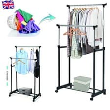 Image of ADJUSTABLE MOBILE CLOTHES COAT GARMENT HANGING RAIL RACK STORAGE STAND ON WHEELS