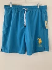 Image of US Polo Assn Men's Size XL Swim Trunks Solid Blue Elastic Waist Shorts NEW