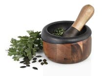 Image of AdHoc Crush Pestle & Mortar Set, 13cm, Durable Cast Iron/Acacia Wood, Spice Gri