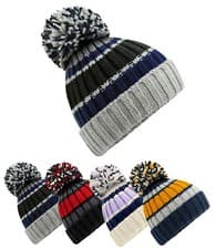 Image of Beechfield Soft Acrylic Knitted Nordic Hygge Striped Beanie Pom Pom Ski Hat